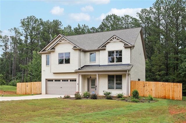 craftsman-style home with a garage, brick siding, fence, driveway, and a front yard