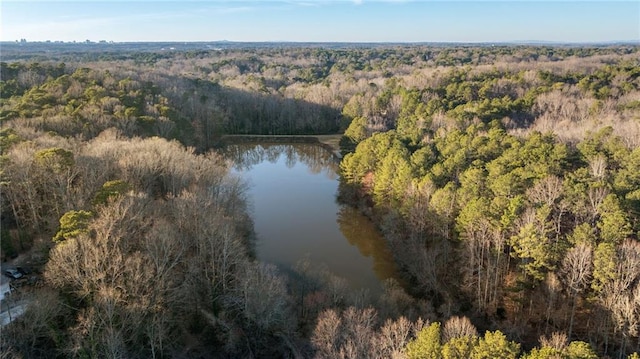 aerial view with a water view and a wooded view