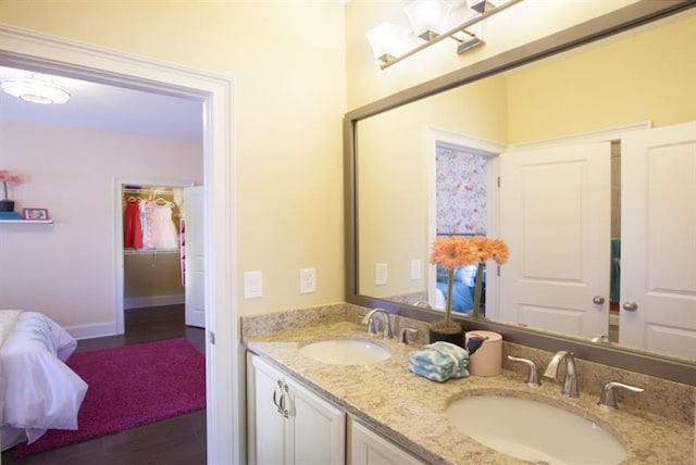 bathroom with vanity and hardwood / wood-style flooring