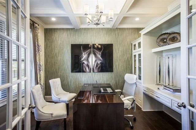 home office with french doors, dark wood-type flooring, coffered ceiling, and an inviting chandelier