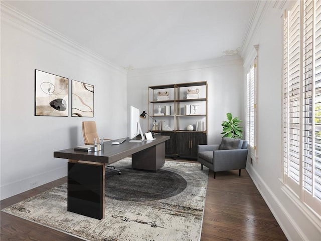 home office featuring crown molding and dark wood-type flooring