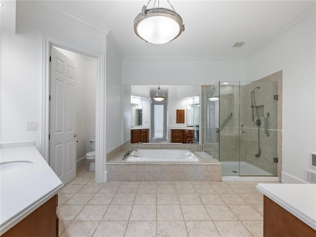 full bathroom featuring vanity, ornamental molding, toilet, and separate shower and tub