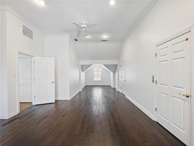 additional living space featuring lofted ceiling, dark wood-type flooring, and ceiling fan