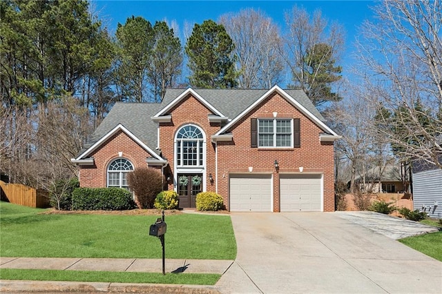 traditional-style home featuring a garage, brick siding, concrete driveway, roof with shingles, and a front lawn