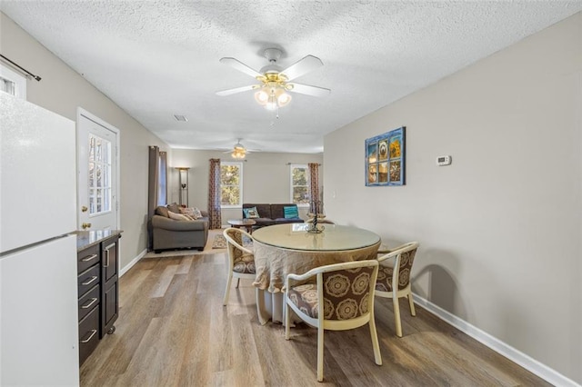 dining room featuring baseboards, ceiling fan, a textured ceiling, and light wood finished floors