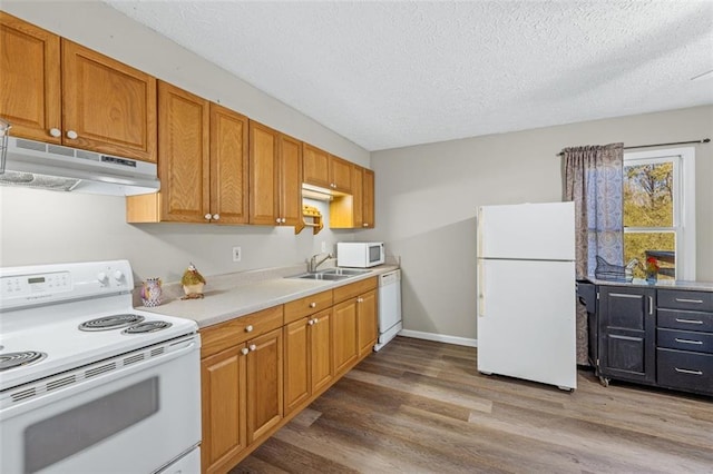 kitchen featuring light countertops, a sink, wood finished floors, white appliances, and under cabinet range hood