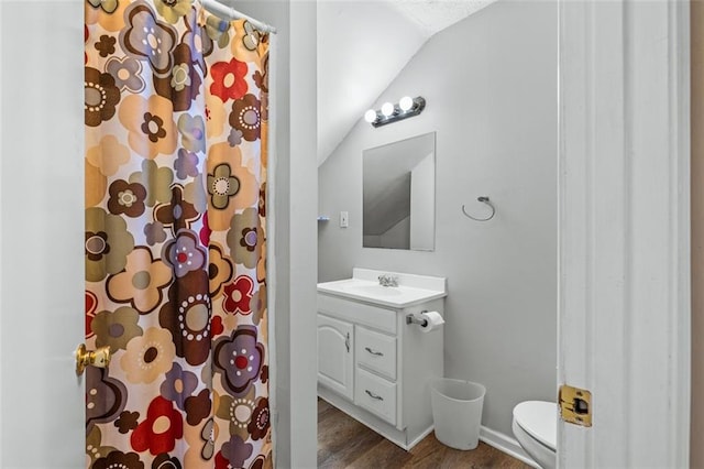 bathroom featuring toilet, lofted ceiling, wood finished floors, curtained shower, and vanity