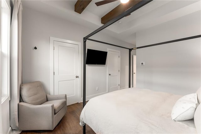 bedroom featuring beam ceiling, ceiling fan, and dark hardwood / wood-style flooring