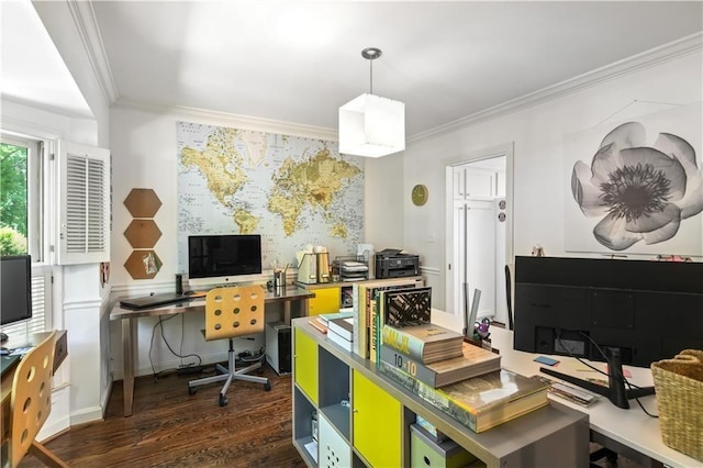 home office with dark wood-style floors, baseboards, and ornamental molding