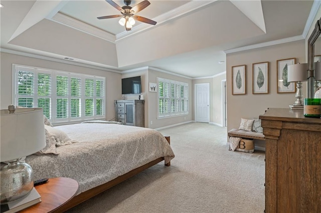 1758 Rosehedge Way NW, Kennesaw, GA 30152 - carpeted bedroom featuring a raised ceiling, multiple windows, crown molding, baseboards, and ceiling fan