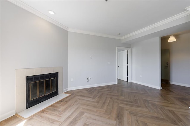 2161 Peachtree Rd NE Unit 907, Atlanta, GA 30309 - unfurnished living room featuring baseboards, ornamental molding, a tiled fireplace, and recessed lighting
