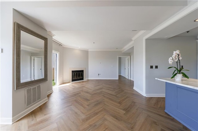 2161 Peachtree Rd NE Unit 907, Atlanta, GA 30309 - unfurnished living room featuring ornamental molding, baseboards, and a fireplace with flush hearth