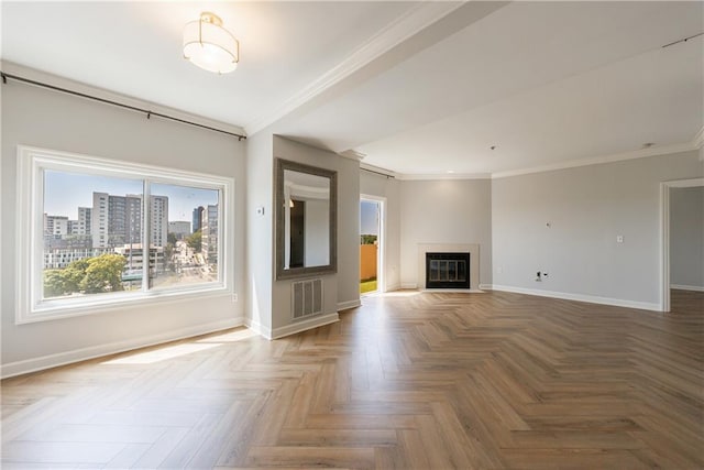 2161 Peachtree Rd NE Unit 907, Atlanta, GA 30309 - unfurnished living room with baseboards, ornamental molding, and a glass covered fireplace
