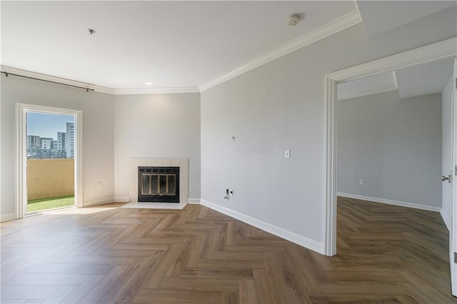 2161 Peachtree Rd NE Unit 907, Atlanta, GA 30309 - unfurnished living room with baseboards, a tiled fireplace, crown molding, and recessed lighting