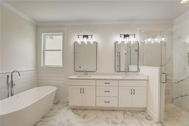 bathroom with vanity, crown molding, wood walls, and separate shower and tub