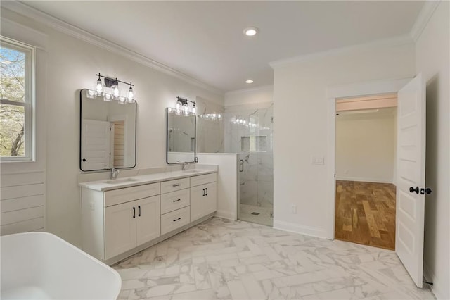 bathroom featuring vanity, independent shower and bath, ornamental molding, and wood-type flooring