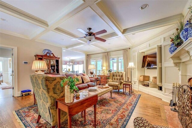 95 Weslyan Way, Oxford, GA 30054 - living room with wood finished floors, coffered ceiling, beamed ceiling, ceiling fan, and ornamental molding
