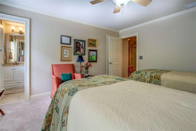 95 Weslyan Way, Oxford, GA 30054 - carpeted bedroom featuring ornamental molding, ensuite bath, a ceiling fan, and baseboards