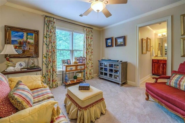 95 Weslyan Way, Oxford, GA 30054 - carpeted living area with a ceiling fan, baseboards, and crown molding