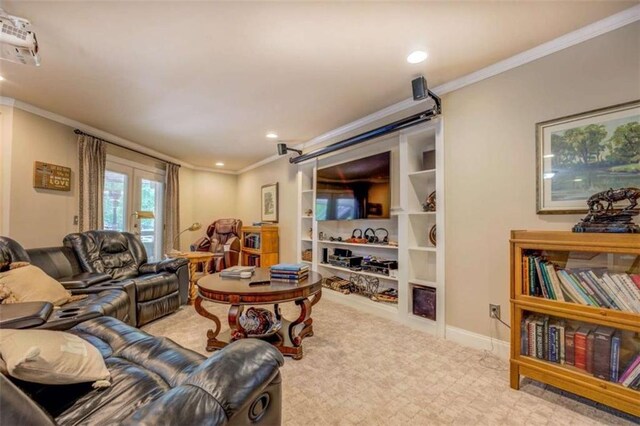 95 Weslyan Way, Oxford, GA 30054 - carpeted living room featuring crown molding, recessed lighting, built in shelves, and baseboards