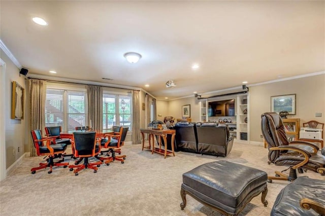 95 Weslyan Way, Oxford, GA 30054 - living area featuring ornamental molding, light carpet, recessed lighting, and baseboards