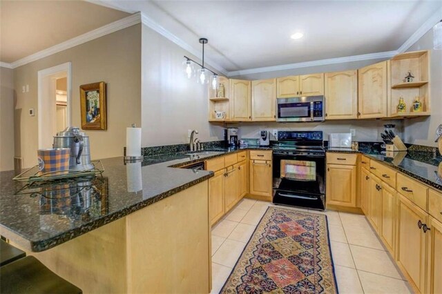 95 Weslyan Way, Oxford, GA 30054 - kitchen featuring black / electric stove, open shelves, stainless steel microwave, light brown cabinets, and a sink
