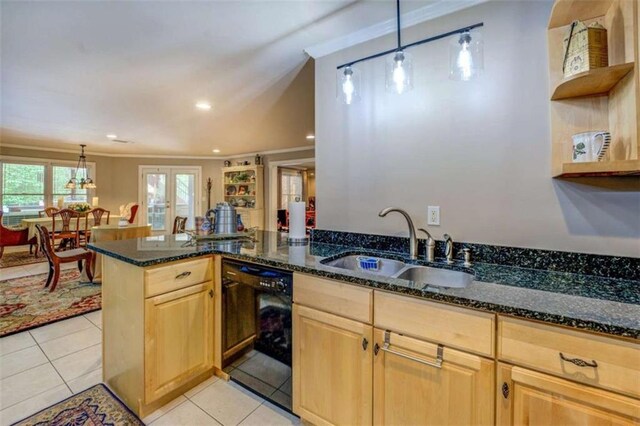 95 Weslyan Way, Oxford, GA 30054 - kitchen with black dishwasher, open shelves, a sink, light brown cabinets, and dark stone counters