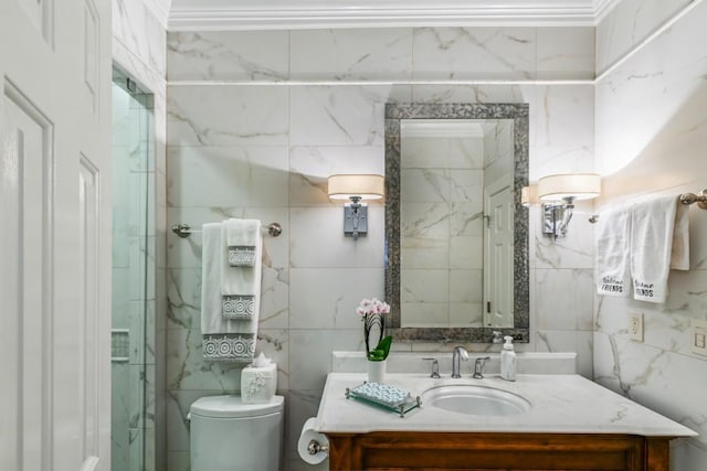 bathroom with crown molding, tile walls, vanity, and toilet