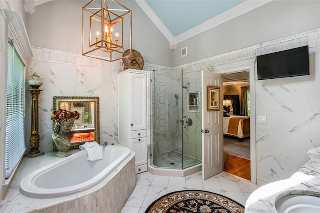 full bathroom with visible vents, a marble finish shower, crown molding, and ensuite bath