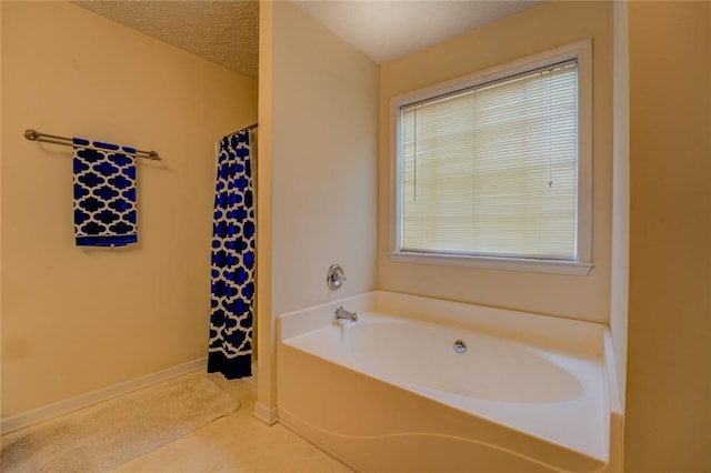 full bathroom with a shower with curtain, baseboards, and a bath
