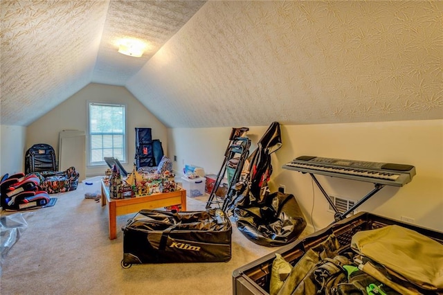 additional living space featuring lofted ceiling, a textured ceiling, and carpet flooring