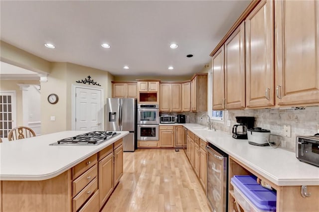 3565 Hickory Branch Trl, Suwanee, GA 30024 - kitchen featuring stainless steel appliances, wine cooler, light wood-style floors, recessed lighting, and decorative backsplash
