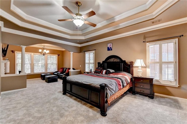 3565 Hickory Branch Trl, Suwanee, GA 30024 - bedroom with decorative columns, arched walkways, a tray ceiling, a chandelier, and ornamental molding
