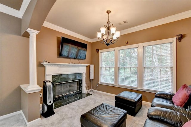 3565 Hickory Branch Trl, Suwanee, GA 30024 - living room with a chandelier, crown molding, carpet, a high end fireplace, and baseboards