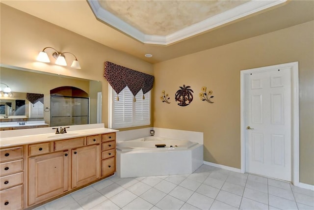 3565 Hickory Branch Trl, Suwanee, GA 30024 - bathroom with a bath, a tray ceiling, tile patterned flooring, and a shower stall