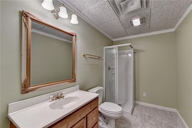 3565 Hickory Branch Trl, Suwanee, GA 30024 - bathroom with a stall shower, ornamental molding, toilet, and vanity