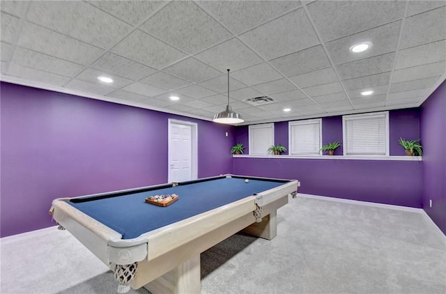 3565 Hickory Branch Trl, Suwanee, GA 30024 - recreation room with carpet, recessed lighting, baseboards, billiards table, and a paneled ceiling
