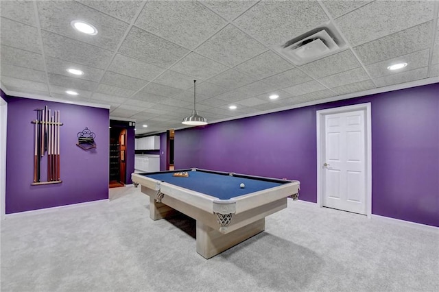 3565 Hickory Branch Trl, Suwanee, GA 30024 - playroom with carpet floors, recessed lighting, pool table, baseboards, and a drop ceiling