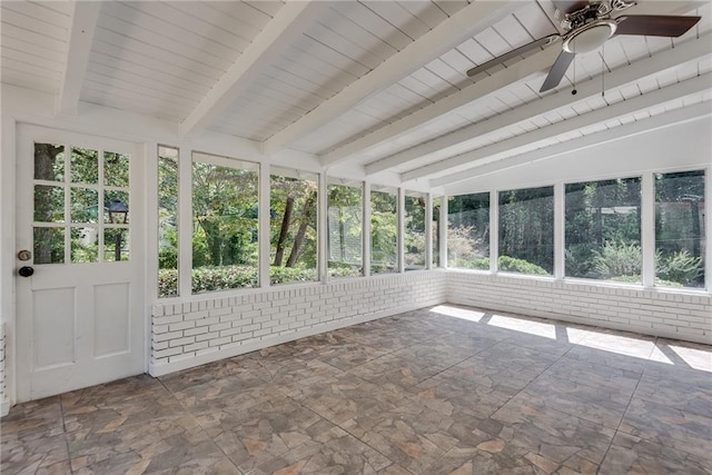 unfurnished sunroom with lofted ceiling with beams, ceiling fan, and wood ceiling