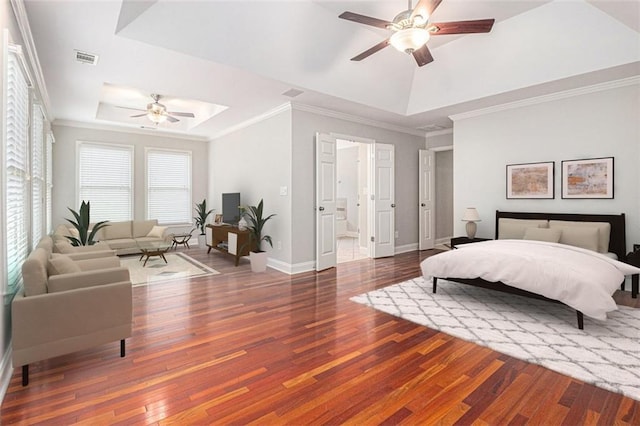 5575 Julian Pl, Atlanta, GA 30342 - bedroom with a tray ceiling, wood-type flooring, crown molding, ceiling fan, and ensuite bathroom