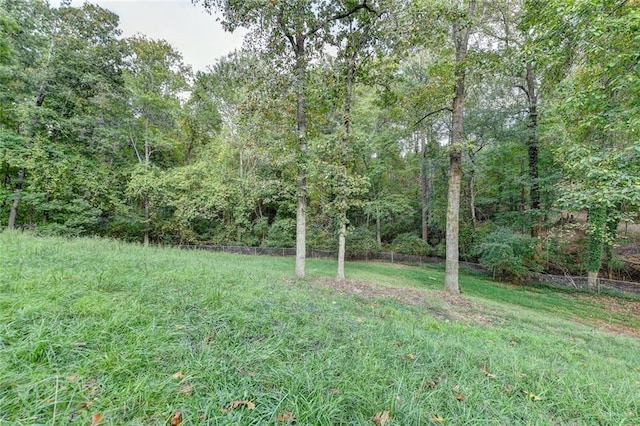 view of yard featuring fence and a forest view