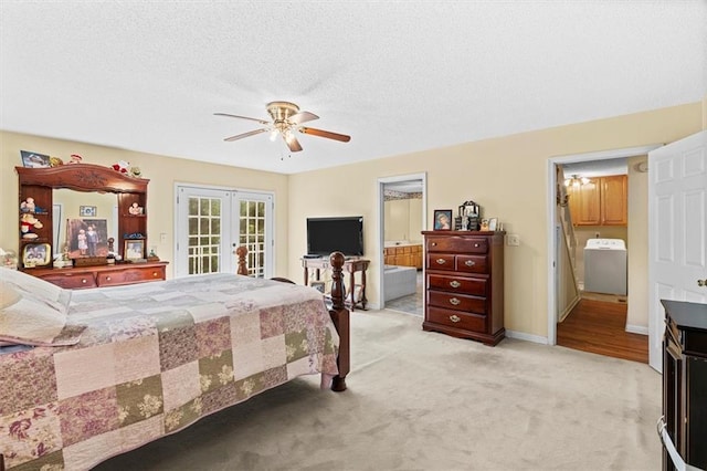 bedroom with baseboards, light colored carpet, ceiling fan, washer / clothes dryer, and french doors