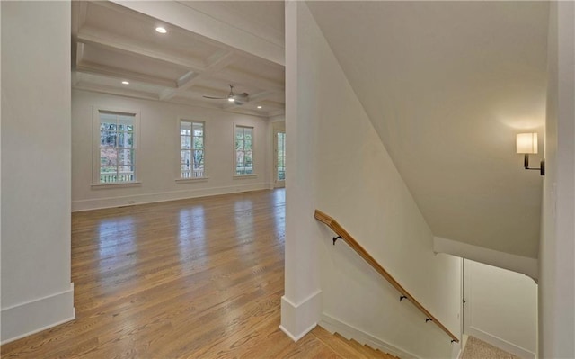 stairway with hardwood / wood-style floors, ceiling fan, beam ceiling, and coffered ceiling