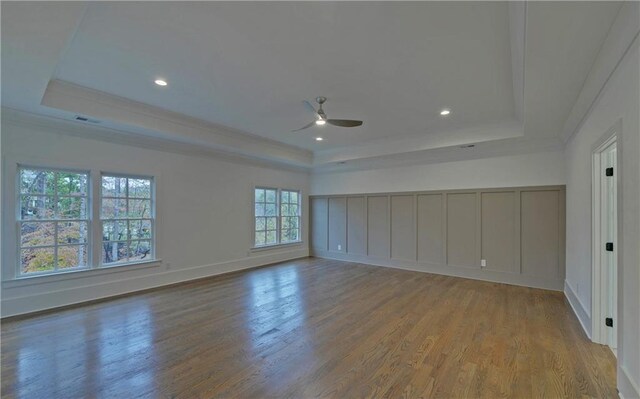 spare room with a tray ceiling, plenty of natural light, and light hardwood / wood-style floors