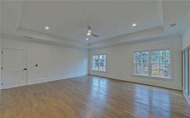 spare room with hardwood / wood-style floors, a tray ceiling, plenty of natural light, and ceiling fan