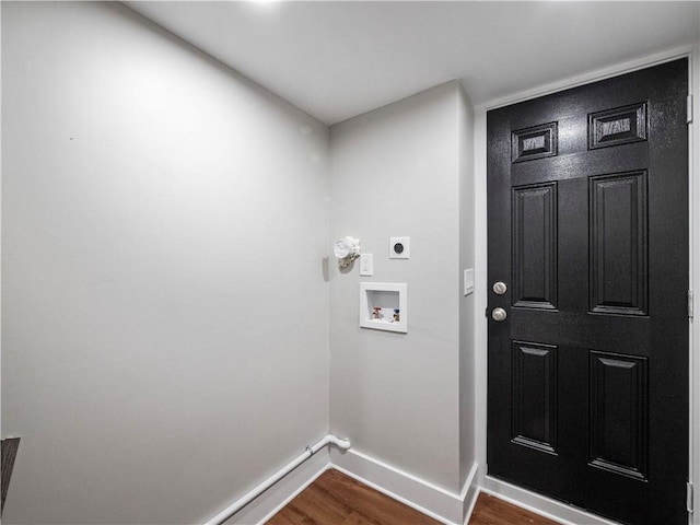 washroom with laundry area, baseboards, dark wood-style flooring, hookup for a washing machine, and electric dryer hookup