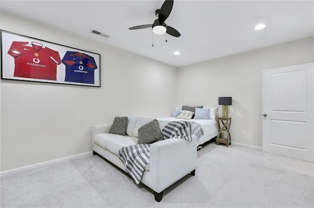 carpeted bedroom with visible vents, recessed lighting, a ceiling fan, and baseboards