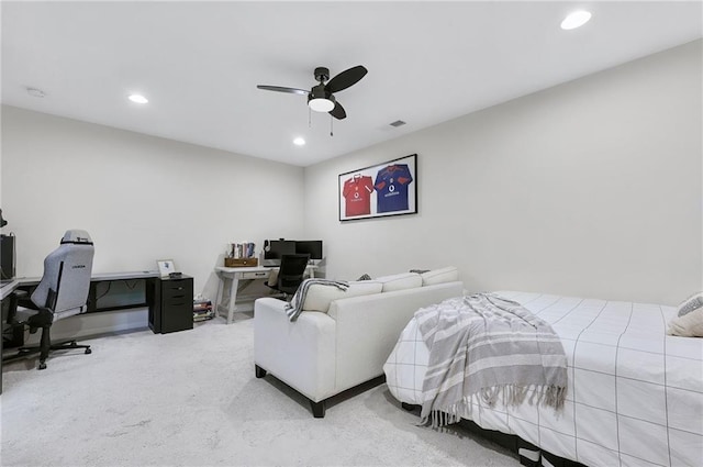 carpeted bedroom with visible vents, recessed lighting, and a ceiling fan