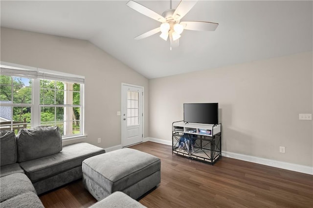 1672 Meadow Lark Ln, Gainesville, GA 30501 - living area featuring a ceiling fan, lofted ceiling, wood finished floors, and baseboards