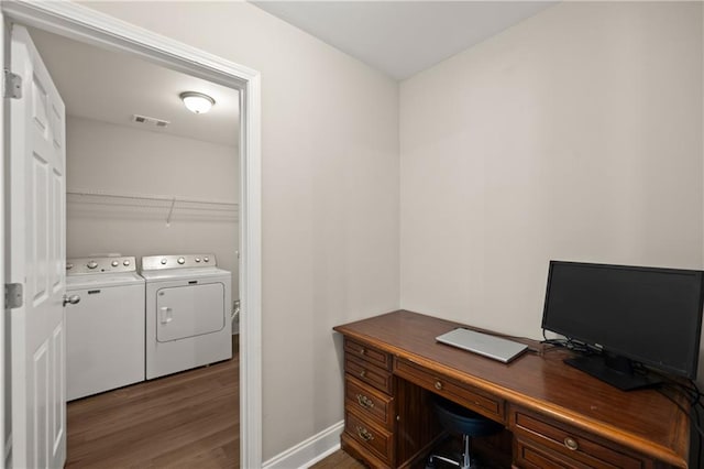 1672 Meadow Lark Ln, Gainesville, GA 30501 - office area with washer and clothes dryer, wood finished floors, and baseboards